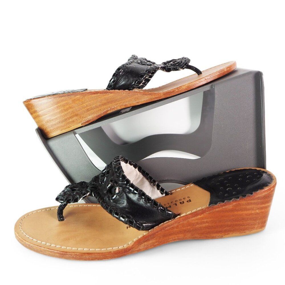 Palm Beach Sandals Classic Mid Wedge Thong Sandals Black Patent Women's 7‎